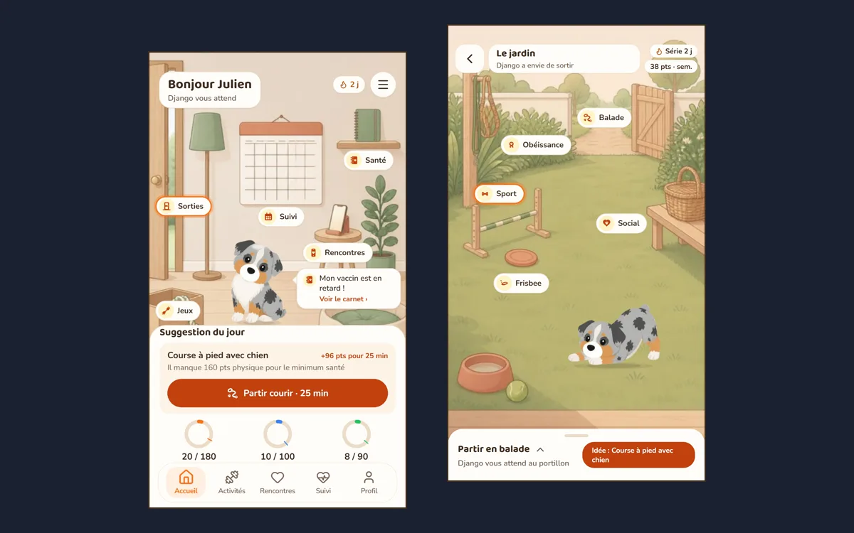 Deux écrans de Pawer : le salon, avec le chien et les cercles de progression de la semaine, et le jardin, d'où partent balades, sport et jeux